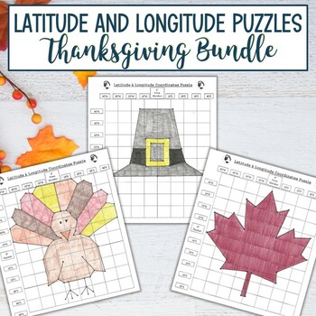 Preview of Latitude and Longitude Practice Puzzle Review Activity Thanksgiving Fall Bundle