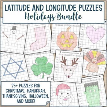 Preview of Latitude and Longitude Practice Puzzle Review Activity - Ultimate Holiday Bundle
