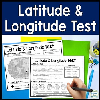 Preview of Latitude and Longitude Quiz (Longitude and Latitude Test) 2 Pages w/ Answer Key