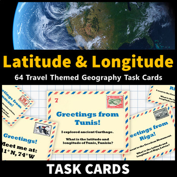 Preview of Latitude and Longitude Task Cards Map Skills Activity World and US Cities
