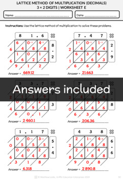 lattice method of multiplication worksheets with decimal numbers