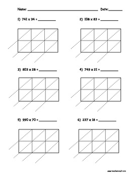 lattice multiplication 3 digit by 2 digit 10 pages by teacher vault