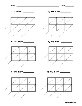 lattice multiplication 3 digit by 2 digit 10 pages by