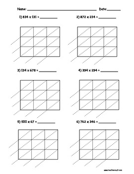 lattice multiplication 3 digit by 3 digit 10 pages by teacher vault