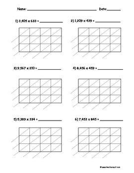 lattice multiplication 4 digit by 3 digit 10 pages by teacher vault