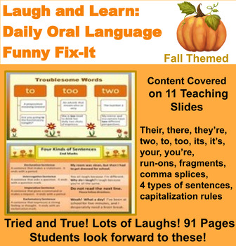 Laugh and Learn: Fall Themed Daily Oral Language Funny Fix-It | TPT