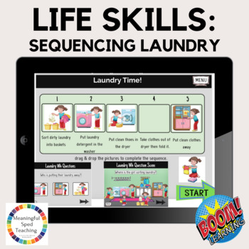 Preview of Laundry Life Skills Sequencing and WH Questions Boom Cards™ 