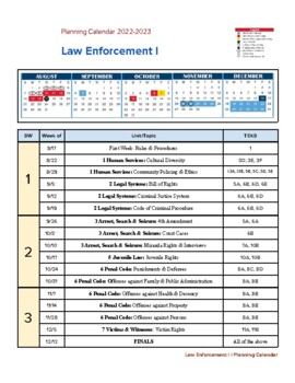 Preview of Law Enforcement I 2022-23 Year Calendar with Weekly Units