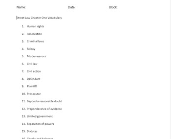 Preview of Law Studies Street Law Unit 1 Vocabulary Quiz and Word Lists