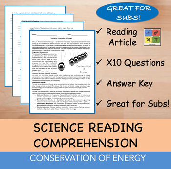 Preview of Law of Conservation of Energy - Reading Passage and x 10 Questions (EDITABLE)