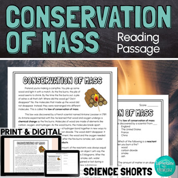 Preview of Law of Conservation of Mass Reading Comprehension Passage PRINT and DIGITAL