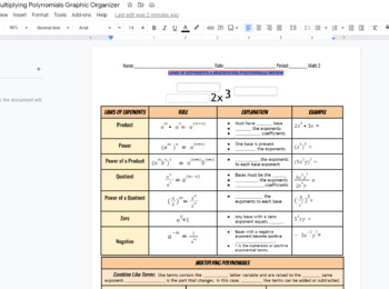 Preview of Law of Exponents & Multiplying Polynomials Review Fillable Notes w/ KEY