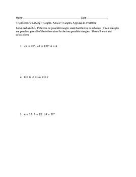 Preview of Law of Sines/Cosines: Solving Triangles, Area, Applications with Answer Key