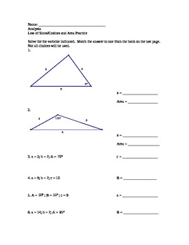 Law Of Sines And Cosines Practice Worksheets Teaching Resources Tpt