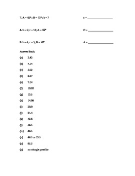 Law of Sines and Cosines Practice Worksheet with answer ...