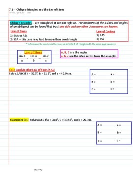 Preview of Ch7 Trigonometry - Law of Sines and Cosines and Vector Operations - guided notes