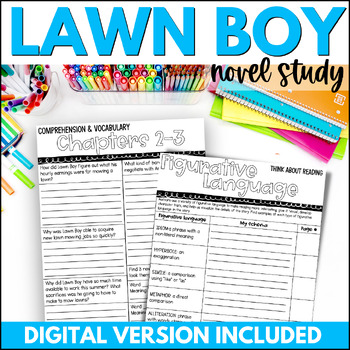 Preview of Lawn Boy Novel Study - Chapter Questions with Comprehension & Writing Activities