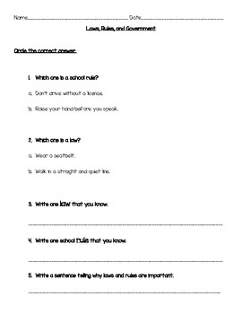 Preview of FREE Laws and Rules Assessment/Worksheet