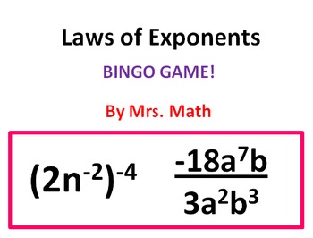 Preview of Laws of Exponents BINGO (Mrs Math)