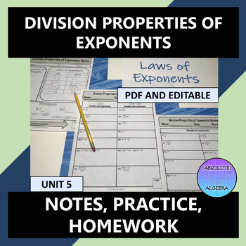 Preview of Laws of Exponents Division Properties Notes Practice Homework Editable U5