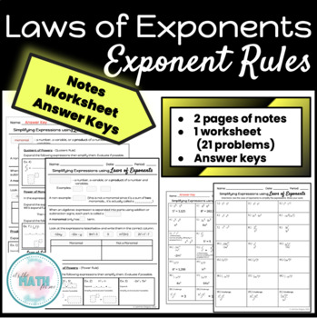 Laws of Exponents | Exponent Rules | 8.EE.1 | Notes and Worksheet