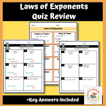 Preview of Laws of Exponents-Exponents Rules Quiz Review Worksheets+Answer Keys