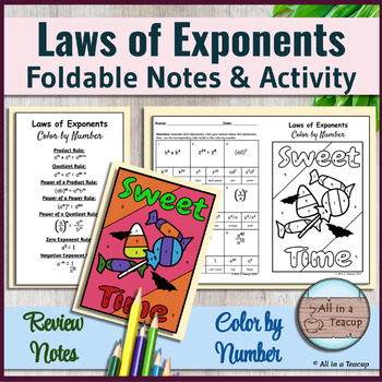 Preview of Laws of Exponents Foldable Notes & Halloween Candies Color by Number Activity