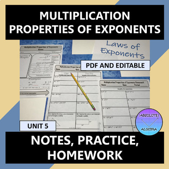 Preview of Laws of Exponents Multiplication Properties Notes Practice Homework Editable U5