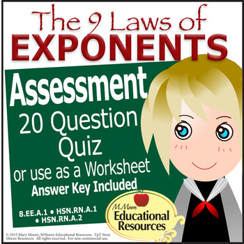 Preview of Laws of Exponents Quiz - Test - Assessment - Worksheet - 20 Questions