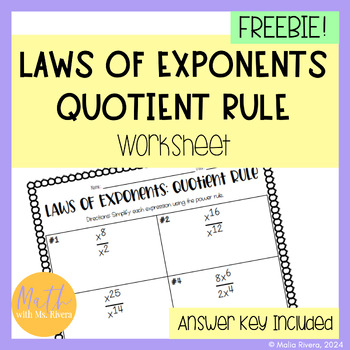 Preview of Laws of Exponents Quotient Rule Worksheet Homework for Algebra 1 | FREE