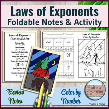 Preview of Laws of Exponents - Rules Foldable Notes & Camping Color by Number Activity