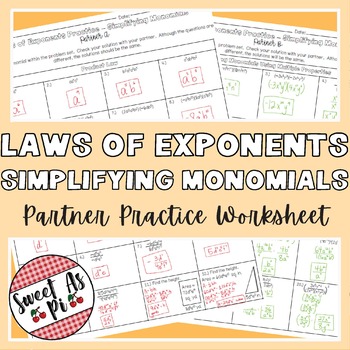 Preview of Laws of Exponents: Simplifying Monomials - Partner Practice Worksheet