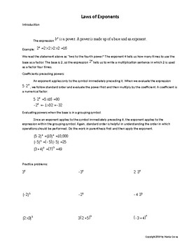 Preview of Laws of Exponents handout with practice problems, quizzes, tests, and keys