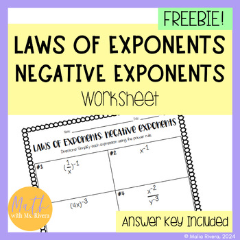 Preview of Laws of Exponents Negative Exponents Worksheet Homework Algebra 1 | FREE