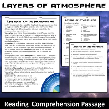 Preview of Layers of Atmosphere Reading Comprehension Passage and Questions - PDF