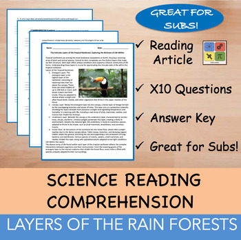 Preview of Layers of Tropical Rain Forests Reading Passage and x 10 Questions (EDITABLE)