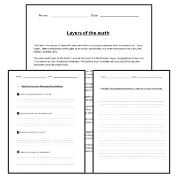 Layers of the Earth Reading comprehension & Assessment Worksheets.