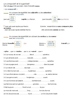 Preview of Le Comparatif et le Superlatif - Lesson and Exercises