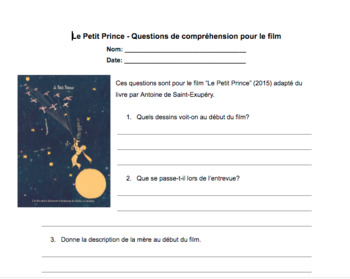 Preview of Film - Le Petit Prince (2015) - Questions de compréhension