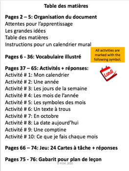 Le calendrier, vocabulaire +10 activités et jeu