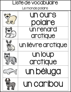 French Arctic Animals Vocabulary - Animaux polaires - Mur de mots et lexique