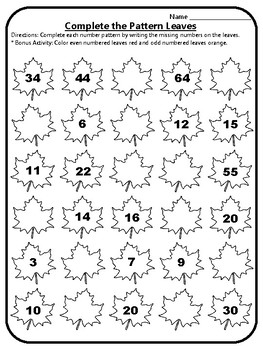 Preview of Fall Math Centers Complete the Number Pattern Fall Math Worksheets for 2nd Grade