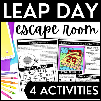 Preview of Leap Day Escape Room Activity - Leap Year Reading Passages & Color By Code