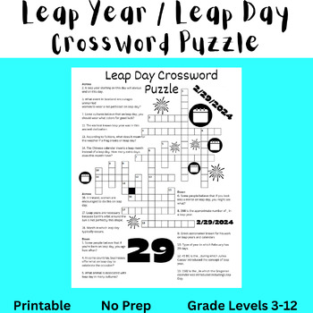Preview of Leap Day (Leap Year) 2024 Activity Crossword Puzzle - Printable