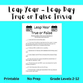 Preview of Leap Year (Leap Day) 2024 True or False Trivia Activity - Printable OR Digital