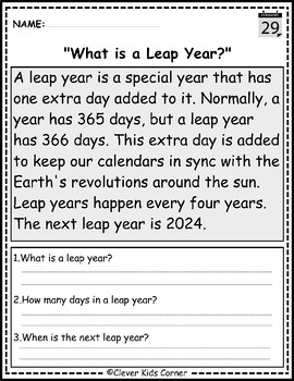 Preview of Leap Year Reading Comprehension Passages K-2 | February Leap Day Activities