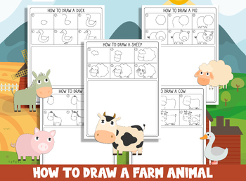 Preview of Learn How to Draw Farm Animals (Sheep, Cow, Pig, Horse, Dug), Directed Drawing