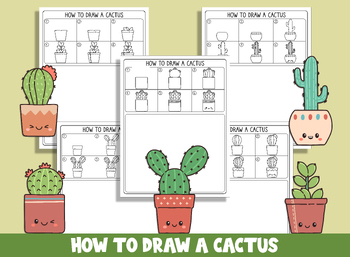 Preview of Learn How to Draw a Cactus, Directed Drawing Step by Step Tutorial + 5 Coloring