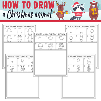 Preview of Learn How to Draw a Christmas Animal: Step by Step Tutorial + 5 Coloring Pages