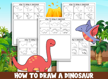 Preview of Learn How to Draw a Dinosaur, Directed Drawing Step by Step Tutorial for Kids